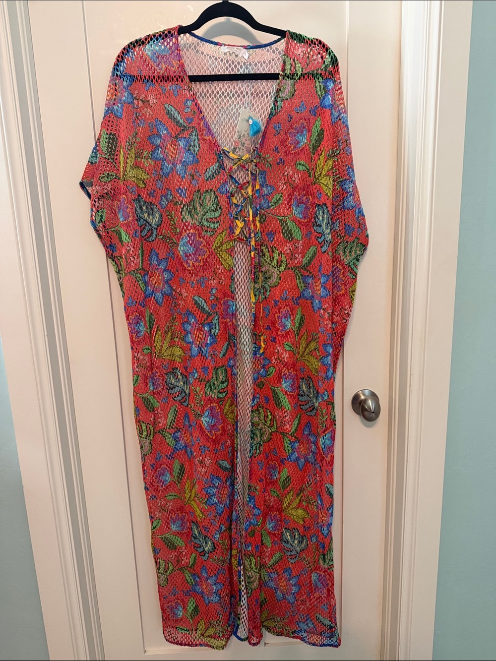 Johnny Was Coral Crochet Knit Floral Lace-Up 100% Cotton Beach Cover-Up Dress